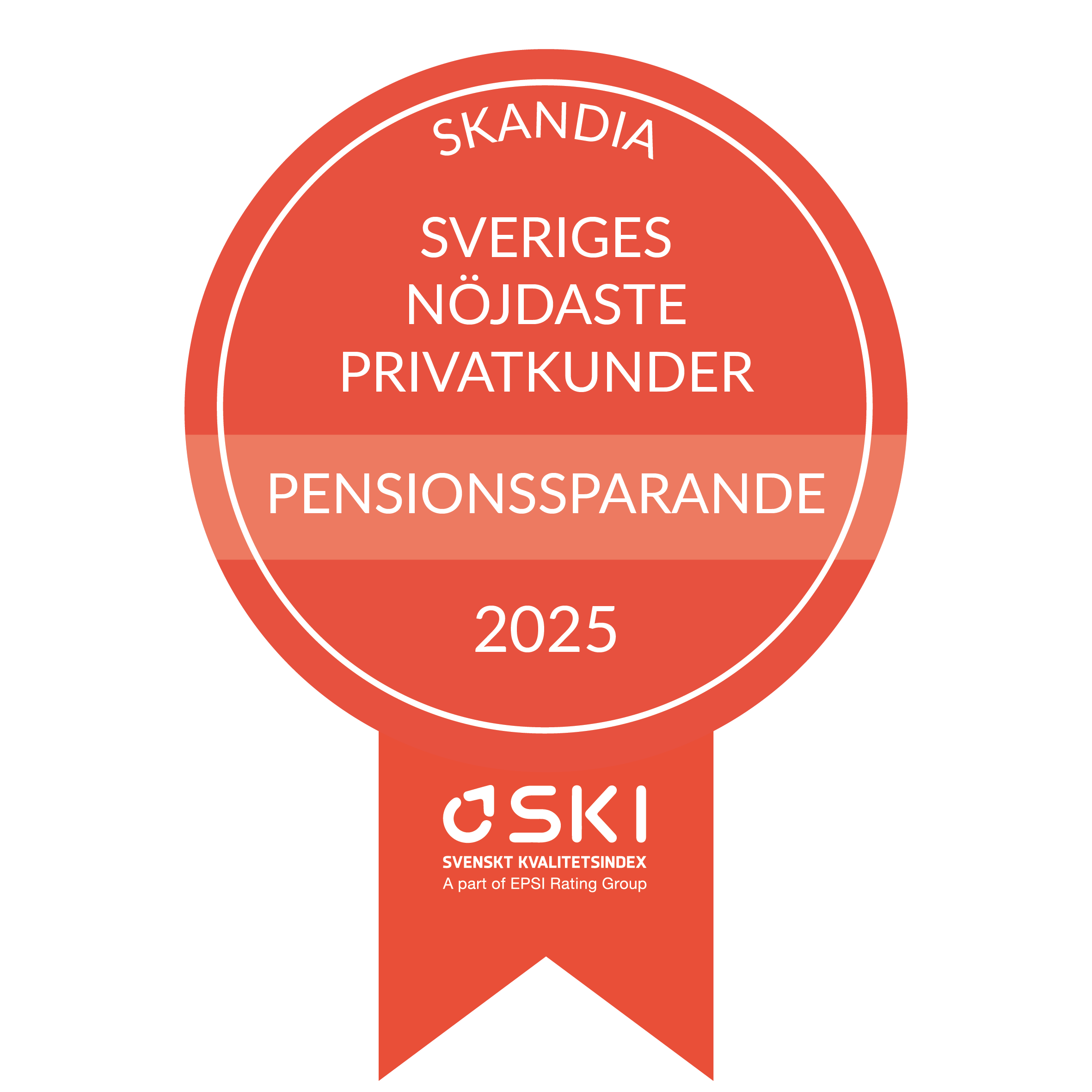 Rött emblem med texten Sveriges nöjdaste privatkunder pensionssparande 2025